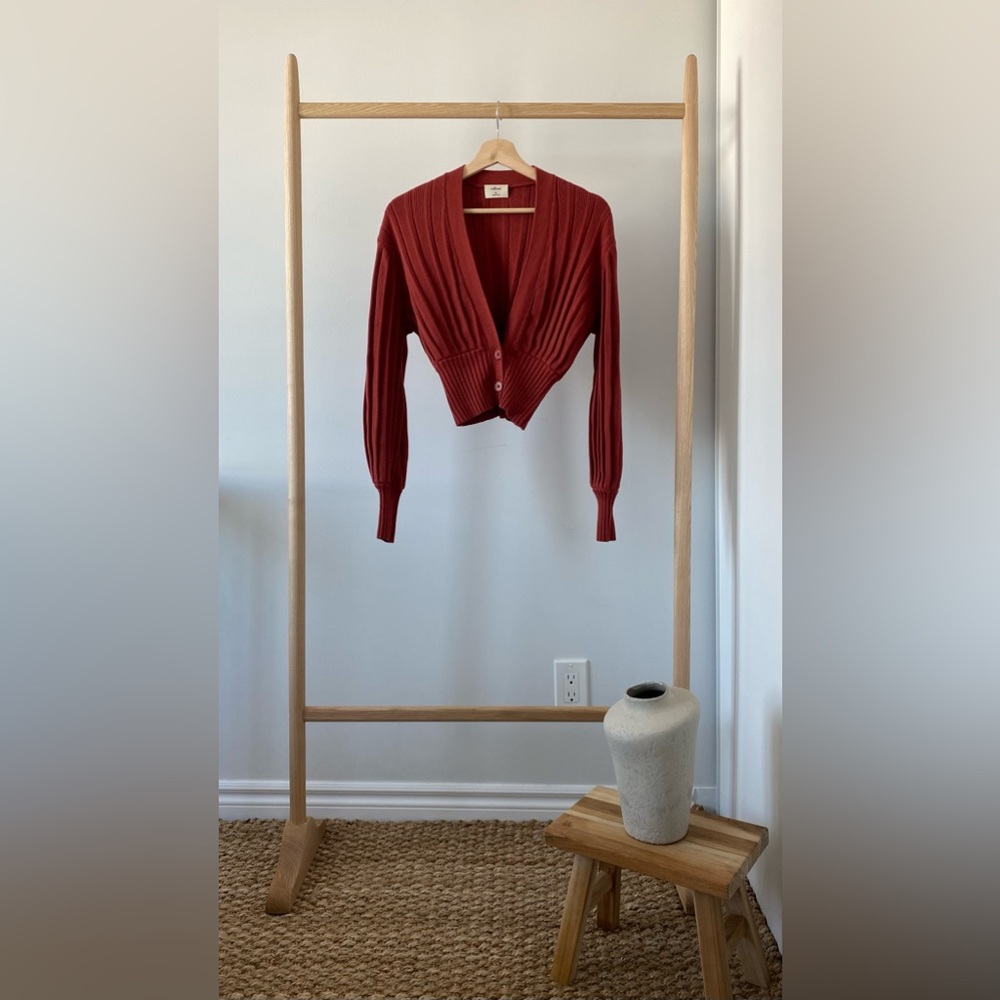 Deep Red Ribbed V-Neck Cropped Cardigan Sweater